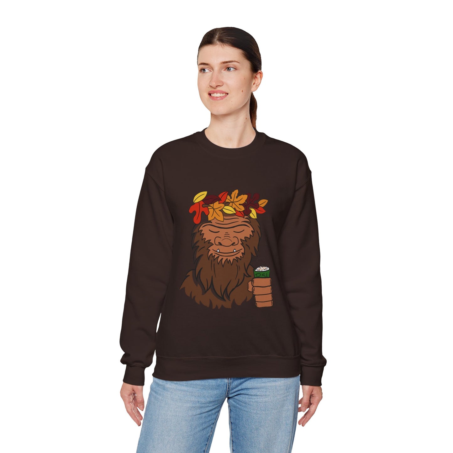 Bigfoot Leaf Crown Crewneck Sweatshirt - Fall Adventure Pumpkin Spice Latte Lover