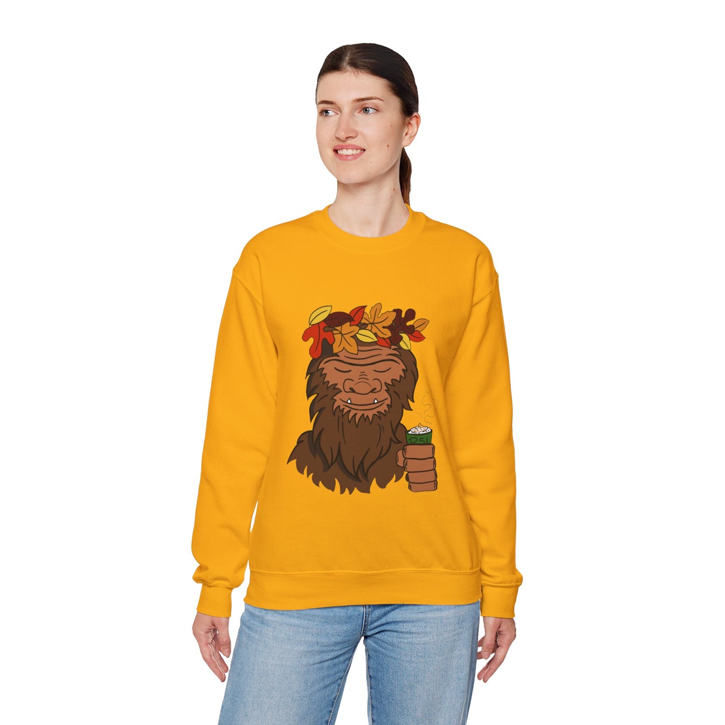 Bigfoot Leaf Crown Crewneck Sweatshirt - Fall Adventure Pumpkin Spice Latte Lover