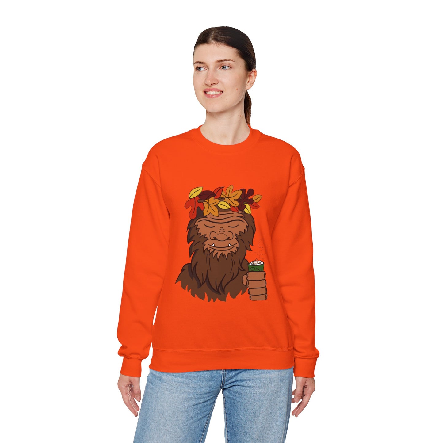 Bigfoot Leaf Crown Crewneck Sweatshirt - Fall Adventure Pumpkin Spice Latte Lover