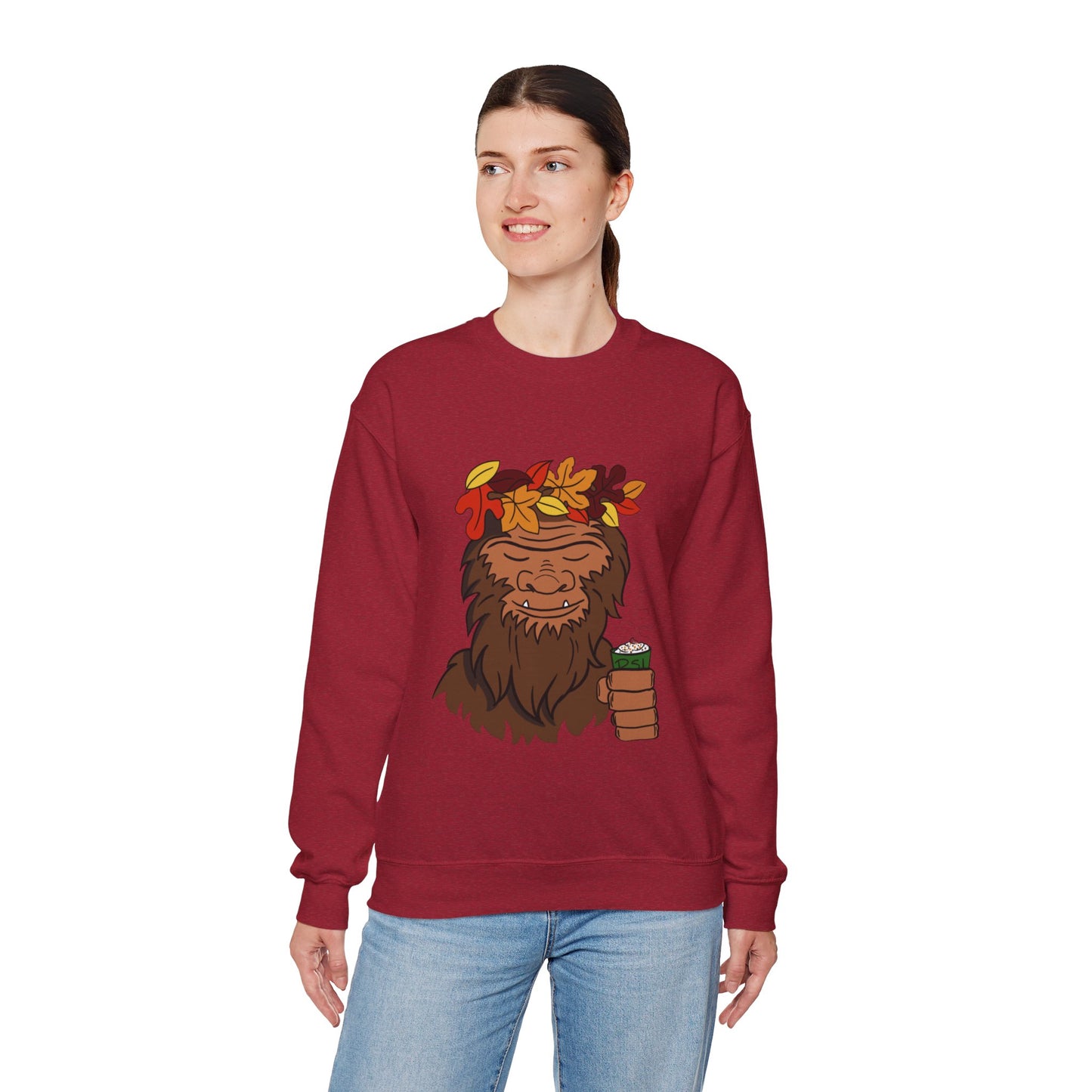 Bigfoot Leaf Crown Crewneck Sweatshirt - Fall Adventure Pumpkin Spice Latte Lover