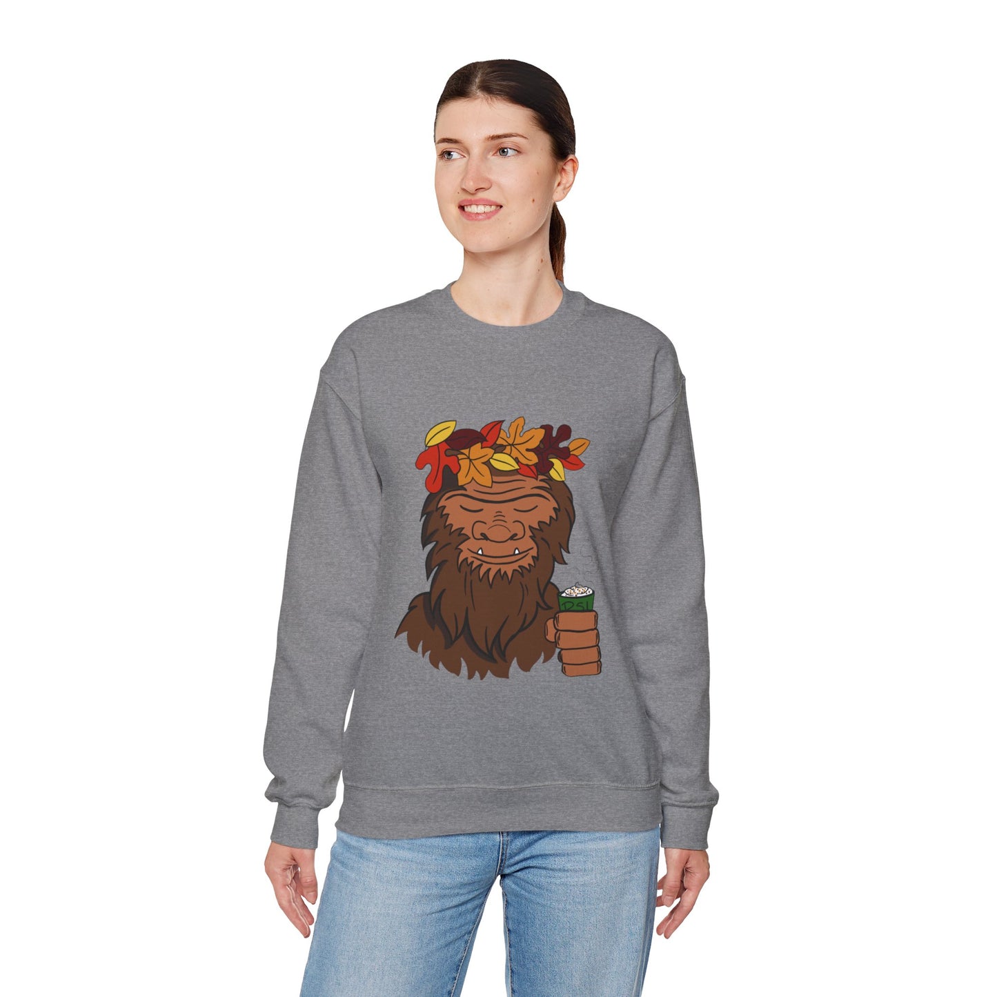 Bigfoot Leaf Crown Crewneck Sweatshirt - Fall Adventure Pumpkin Spice Latte Lover