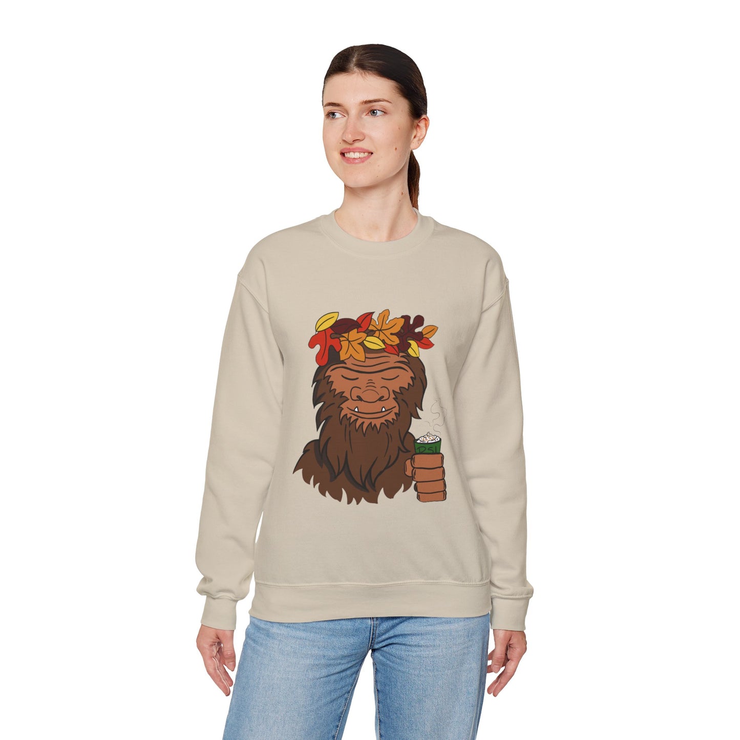 Bigfoot Leaf Crown Crewneck Sweatshirt - Fall Adventure Pumpkin Spice Latte Lover