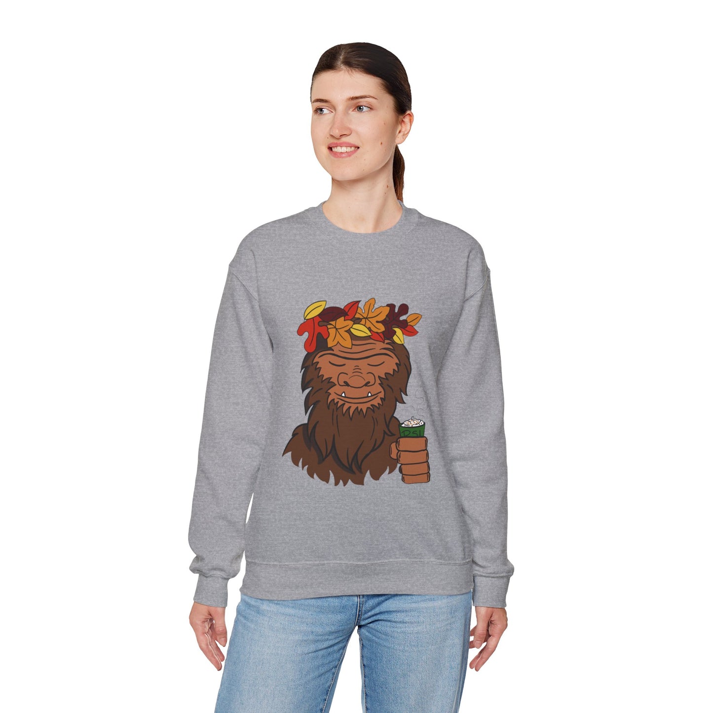 Bigfoot Leaf Crown Crewneck Sweatshirt - Fall Adventure Pumpkin Spice Latte Lover