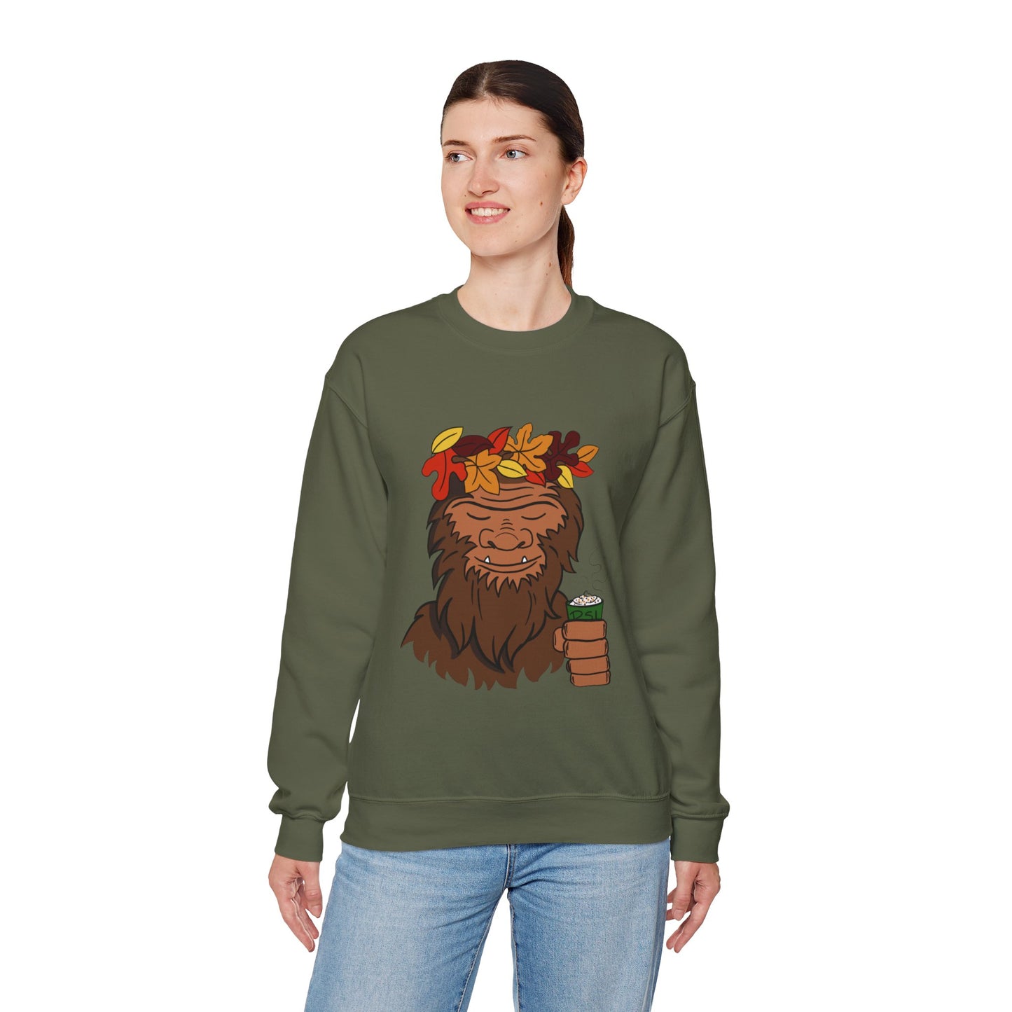 Bigfoot Leaf Crown Crewneck Sweatshirt - Fall Adventure Pumpkin Spice Latte Lover