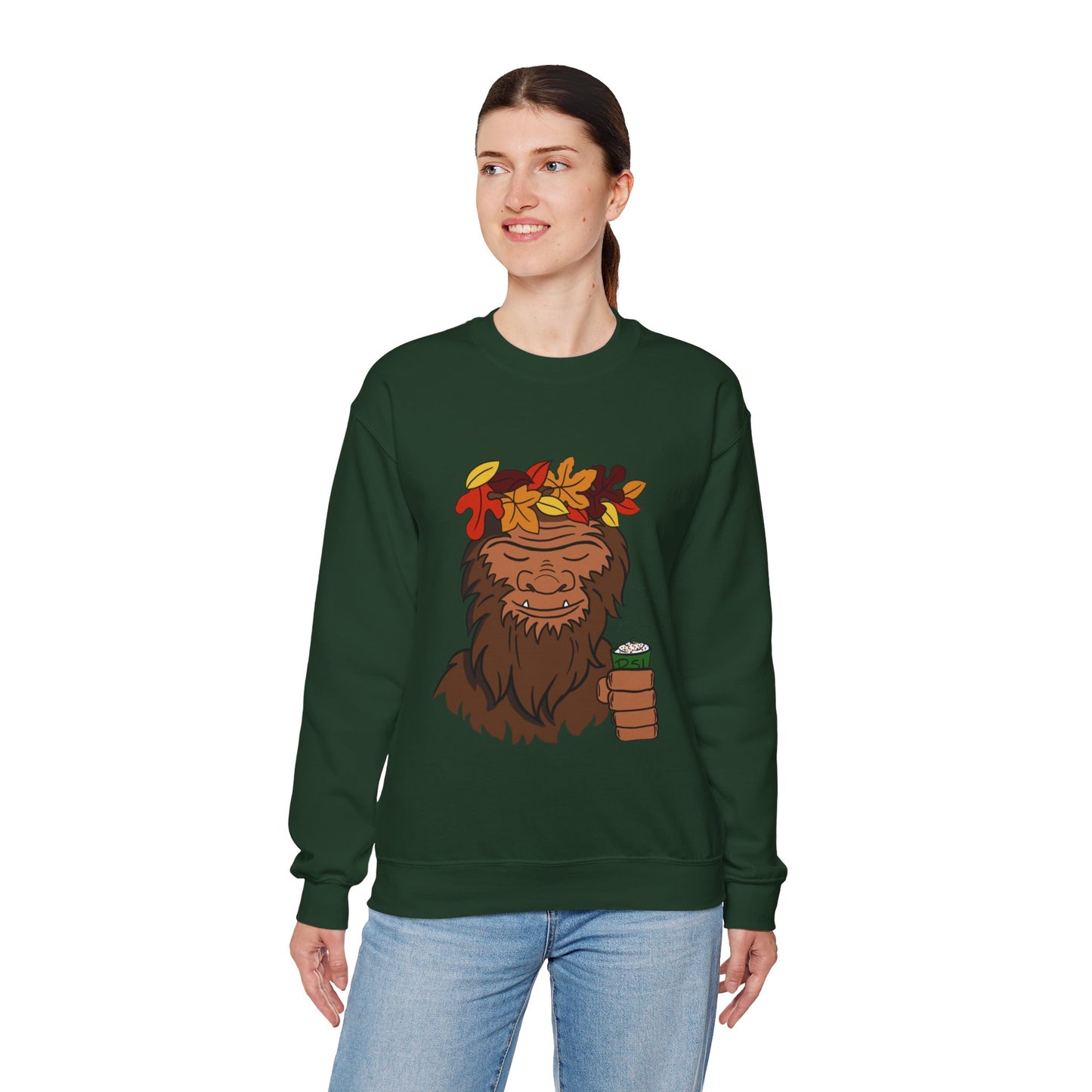 Bigfoot Leaf Crown Crewneck Sweatshirt - Fall Adventure Pumpkin Spice Latte Lover